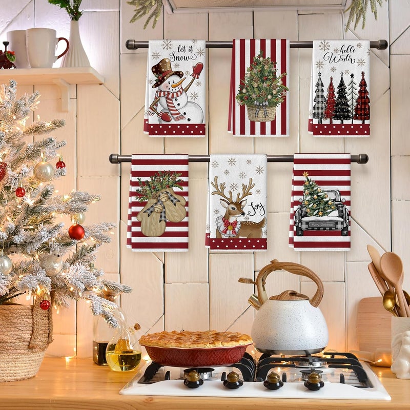 TREWAVE Christmas Kitchen Dish Towels 18 x 27 Inch Snowman Christmas Tree Elk Kitchen Decor Winter Holiday Tea Hand Towels Christmas Absorbent Drying Cloth for Cooking Set of 6 - Image 3